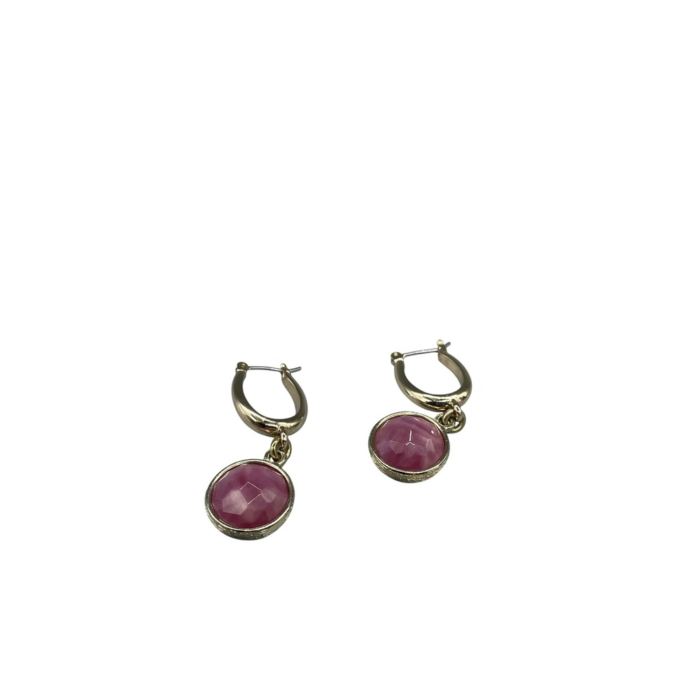 Vintage Crown Trifari Faceted Pink Stone Drop Hoop Gold tone Earrings Crown Logo